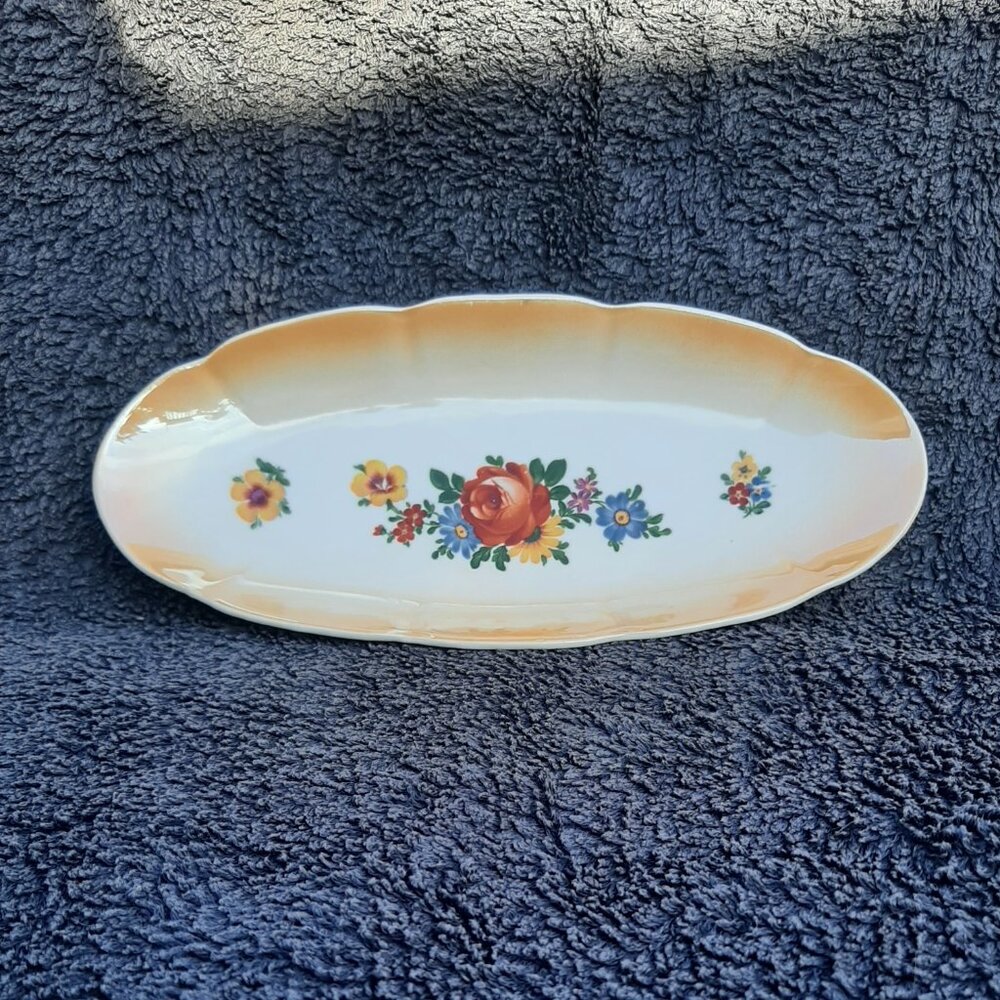 Vtg German Porcelain Hand Painted Floral Roses Oval Dish Tray 11.5" x 5"